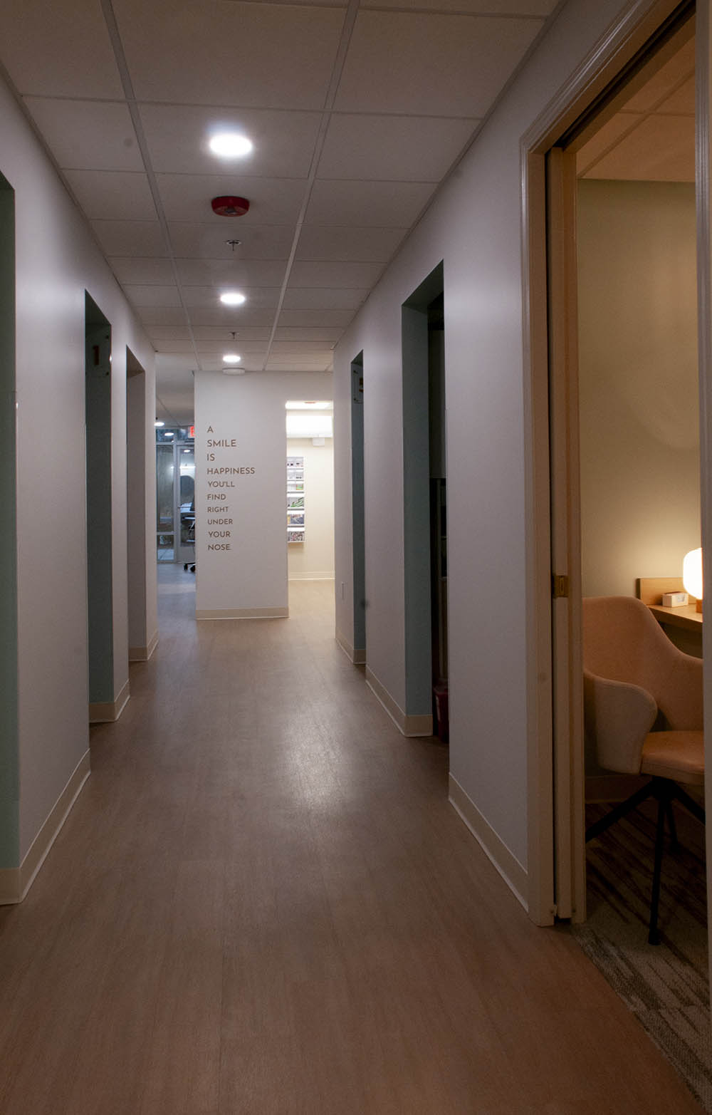 Waterstone Family Dentistry office hallway with a calming wall installation